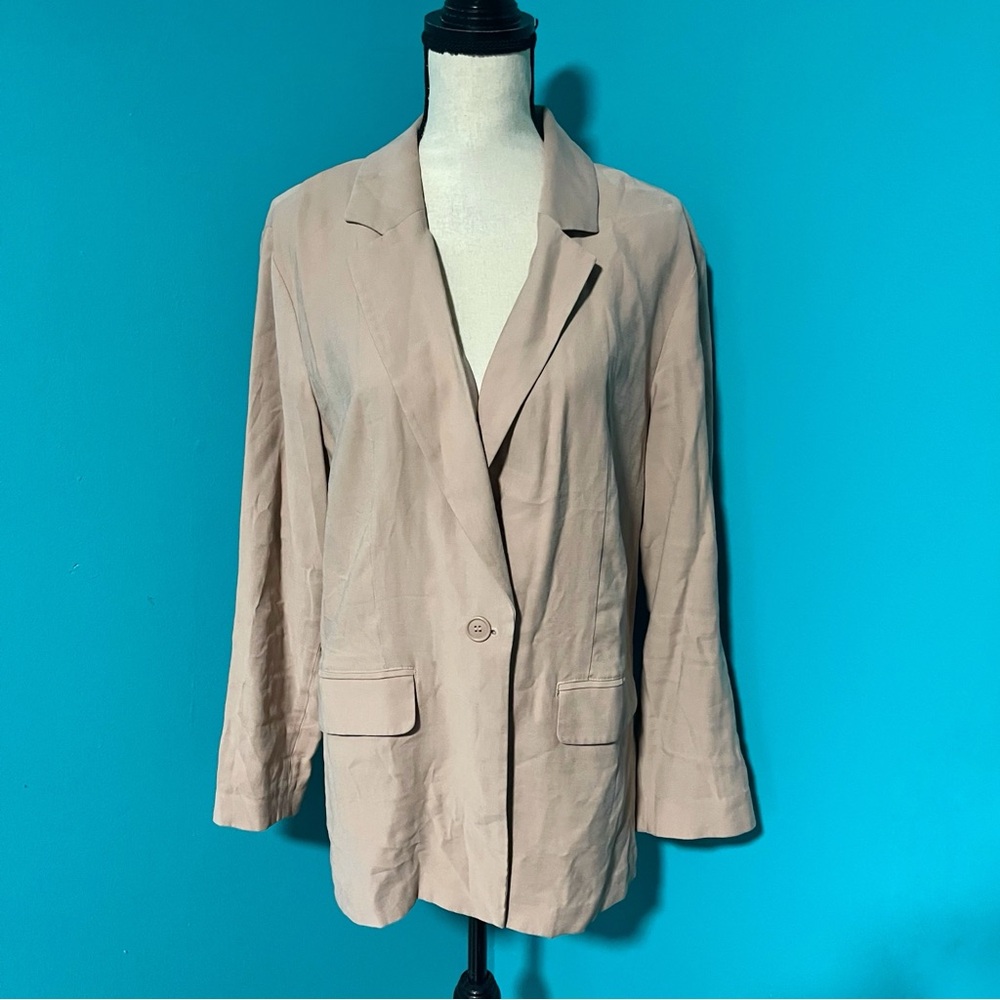 Open Edit M Tan Single Button Relaxed Fit Blazer Jacket